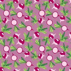 Fresh hand-drawn radish vegetable seamless pattern vector illustration. Funny radish vegetables and slices endless texture by pink, green and white colors vector