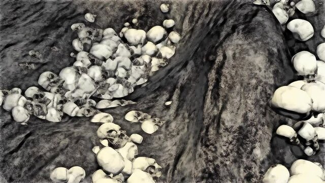 Old human skulls left over from the battle. The concept of war and the Apocalypse in comic style