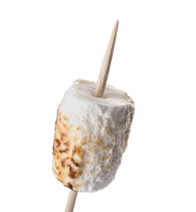 Skewer with tasty grilled marshmallow on white background, closeup
