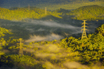 Aerial view Transmission tower in green forest and beautiful morning smooth fog. Energy and environment concept. High voltage power poles. Pang Puay, Mae Moh, Lampang, Thailand.