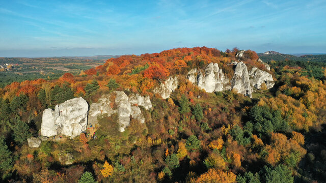 Aerial shot of Jura Krakowsko-Czestochowska during sunny autumn day