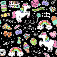 Fototapeta na wymiar Cute unicorns , girl's elements and inspiration quotes seamless pattern on black background.