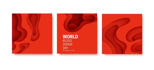 World Blood Donor Day poster in paper cut style. 3d red background with liquid waves. Vector card illustrations for leukemia or hemophilia concept. Medical health care flyer with inside view artery