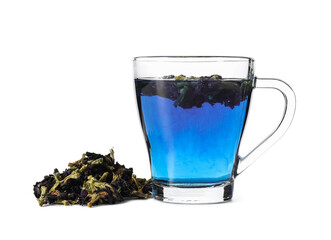 Cup of butterfly pea flower tea on white background