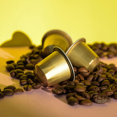 Espresso coffee capsules, pods and coffee beans on a pink background. Modern coffee capsule on the roasted coffee bean.