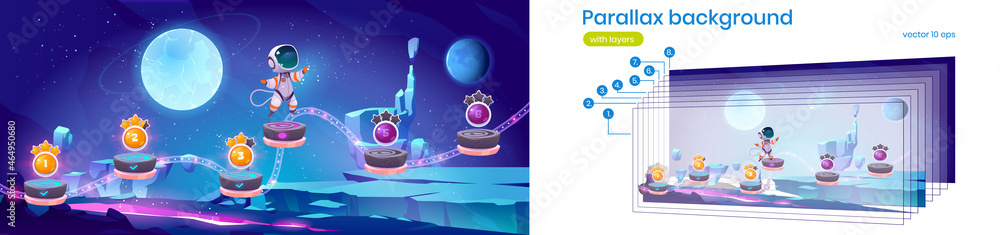 Poster mobile space arcade game parallax background with astronaut jump on platforms with bonus and asset i