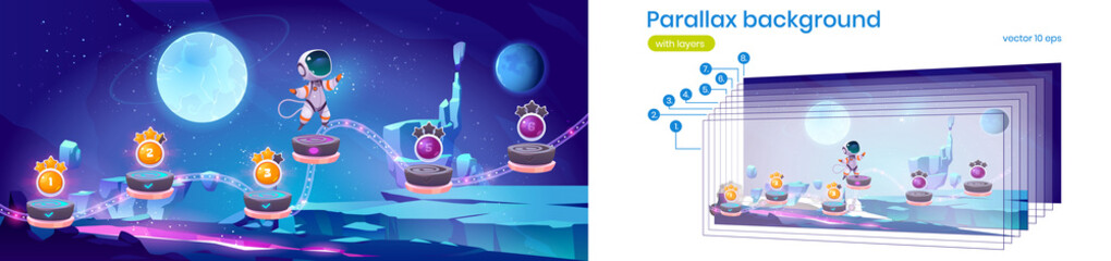Mobile space arcade game parallax background with astronaut jump on platforms with bonus and asset items. 2d cartoon gui futuristic adventure with cosmonaut separated layers scene, Vector illustration - obrazy, fototapety, plakaty