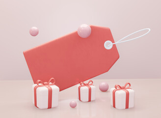 A Label tag with gift and spheres. 3d render.