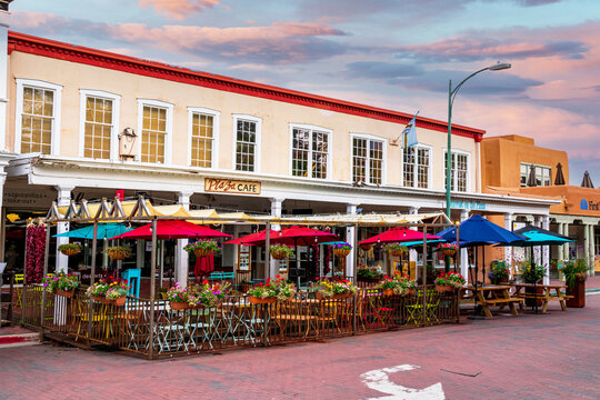 Beautifully Decorated Outdoor Dining Area Of The Plaza Cafe Restaurant In Old Town. Scenic Exterior View - Santa Fe, New Mexico, USA - 2021