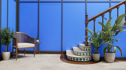 staircase lobby with chair blue wall and plant .