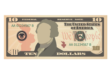 Ten dollar bill, 10 US dollars banknote, obverse, front side. Simplified vector illustration of USD isolated on a white background