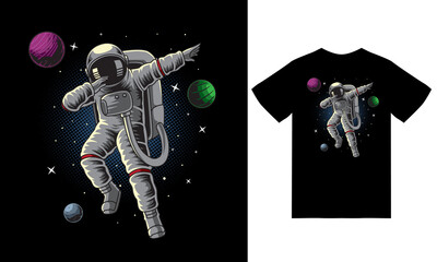 Astronaut dabbing in space illustration with tshirt design premium vector - obrazy, fototapety, plakaty