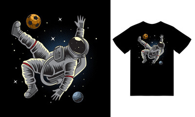 Astronaut football on space illustration with tshirt design premium vector