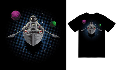 Astronaut in the boat illustration with tshirt design premium vector