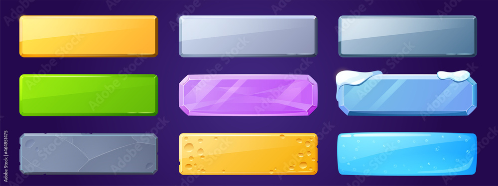 Poster game ui buttons for app interface, cartoon menu plaques or banners. textured gui graphic design elem