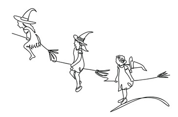 Vector hand-drawn illustration with one continuous line on a white background. Three witches in hats flying on brooms.