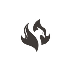 Negative space fire bird logo design, phoenix, eagle, falcon, hawk head and flame vector icon