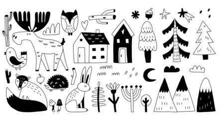 Doodle forest animals. Hand drawn line scandinavian style black and white print, cute scandi elk and fox, bird and hare. trees wild flowers and mountains, woodland vector isolated illustration - obrazy, fototapety, plakaty