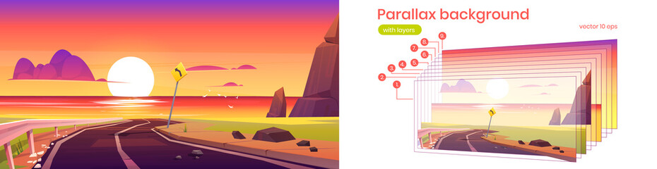 Summer landscape of sea beach, road, mountains and sun on horizon. Vector parallax background for 2d animation with cartoon illustration of highway to ocean coast at sunset