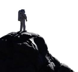 astronaut on mountain top, spaceman isolated on white background © dottedyeti