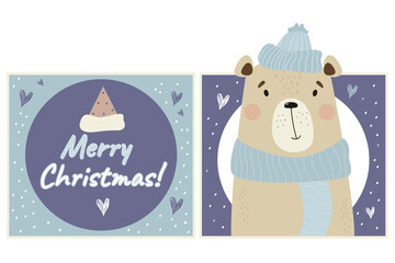 Collection of Christmas cards. Cute bear in winter hat and scarf on decorative background. Vector illustration with text Merry Christmas. New year square card with cute animal