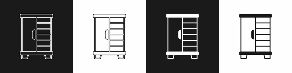 Set Wardrobe icon isolated on black and white background. Cupboard sign. Vector