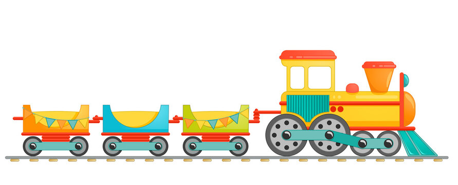Kids train toy in cartoon style. Vector illustration isolated on white background.