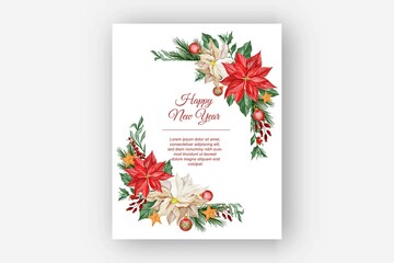 Watercolor christmas floral frame with Poinsettia flower, leaves and Christmas light ball