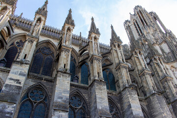 Close up view of the ornate medieval Our Lady of Reims Cathedral (Notre-Dame de Reims) in France,...
