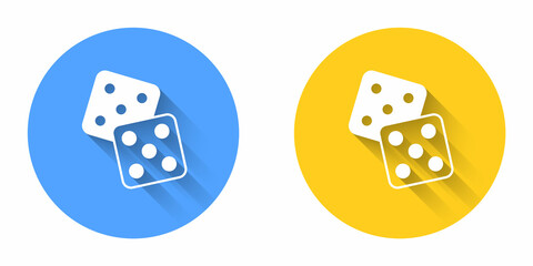 White Game dice icon isolated with long shadow background. Casino gambling. Circle button. Vector