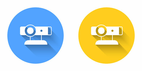 White Web camera icon isolated with long shadow background. Chat camera. Webcam icon. Circle button. Vector