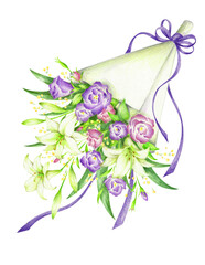 百合と紫のトルコキキョウの花束　手描き色鉛筆画