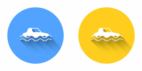 White Flood car icon isolated with long shadow background. Insurance concept. Flood disaster concept. Security, safety, protection, protect concept. Circle button. Vector