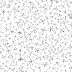 Hand Drawn Snowflakes Christmas Seamless Pattern. Subtle Flying Snow Flakes on chalk snowflakes Background. Amusing chalk handdrawn snow overlay. Exotic holiday season decoration.