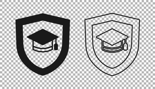 Black Graduation cap with shield icon isolated on transparent background. Insurance concept. Security, safety, protection, protect concept. Vector