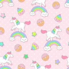 Cute pastel unicorn, donut, poop seamless pattern with pink background.