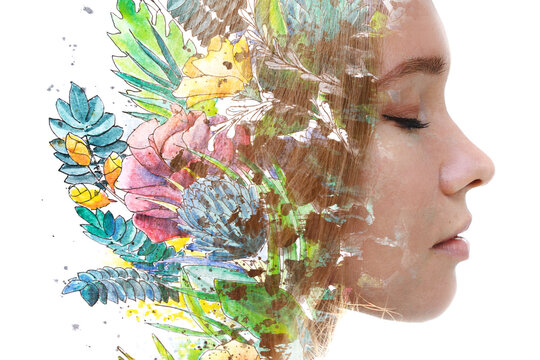A profile portrait of a woman combined with a painting of leaves and flowers. Dissolving into wild nature. Paintography