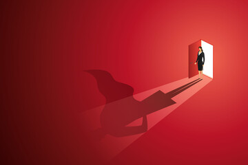Businesswoman standing in front of an open door with a superhero reflection on the floor. ©  Lerbank-bbk22