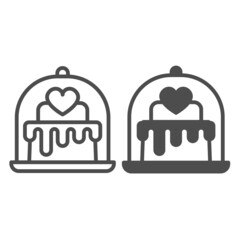 Cake with heart under bell glass dome on saucer line and solid icon, dating concept, fancy cake vector sign on white background, outline style icon for mobile concept and web design. Vector graphics.