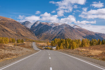 road mountains asphalt snow autumn forest clouds