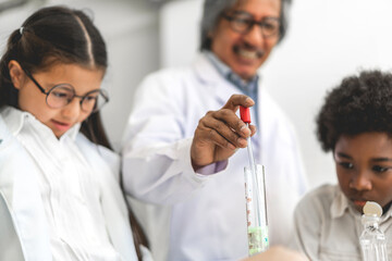 Group of teenage students learning with teacher and doing a chemical experiment and holding test tube in hands in the experiment laboratory class on table at school.Education concept