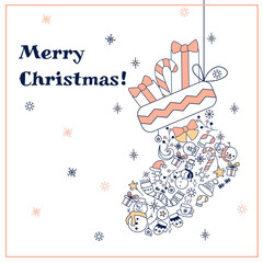 Christmas card. Christmas sock with gifts on a string. Doodle style illustration	