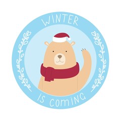 Round card with a cute bear in a hat and a scarf with the words 