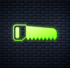 Glowing neon Hand saw icon isolated on brick wall background. Vector