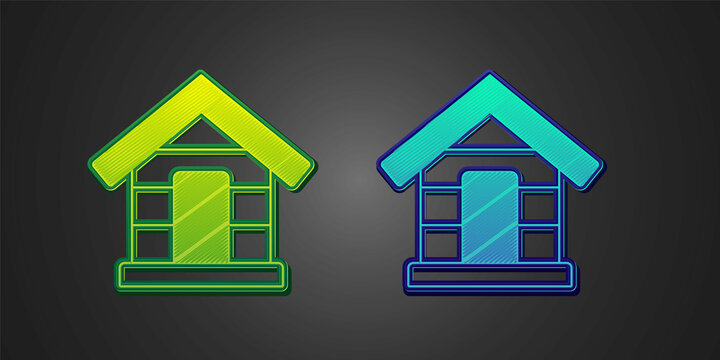 Green and blue Dog house icon isolated on black background. Dog kennel. Vector