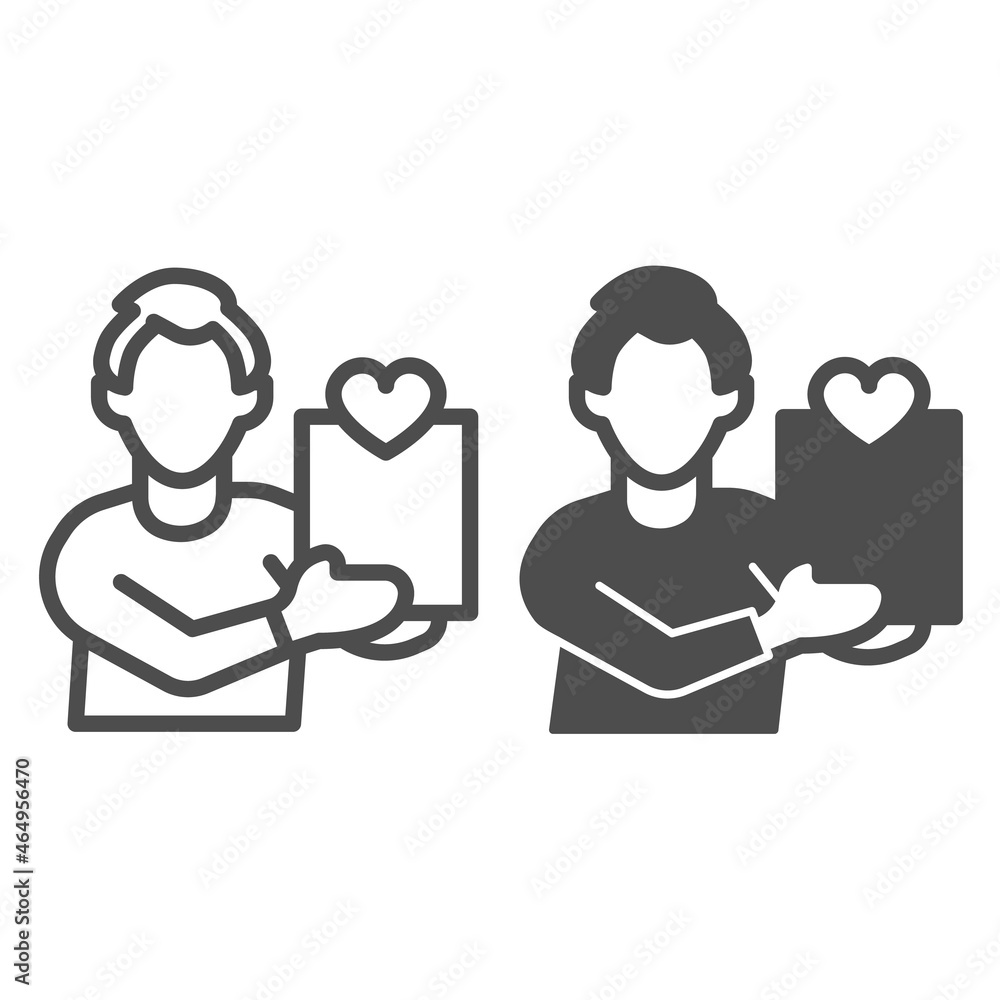 Aufkleber guy and paper sheet with heart line and solid icon, dating concept, man and date questionnaire vecto