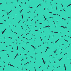 Black Needle for sewing with thread icon isolated seamless pattern on green background. Tailor symbol. Textile sew up craft sign. Embroidery tool. Vector