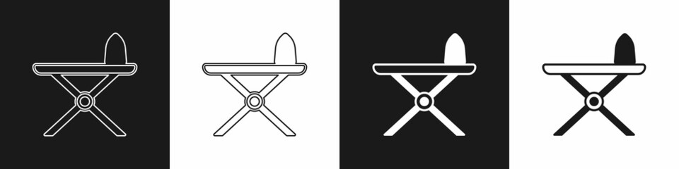 Set Electric iron and ironing board icon isolated on black and white background. Steam iron. Vector