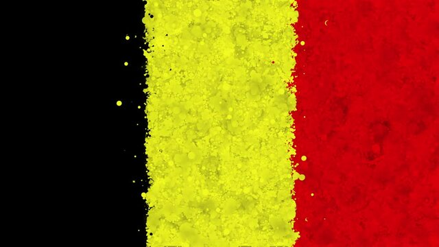 Colorful animation of the flag of Belgium, gradually emerging from a moving swirling cloud consisting of many colorful small particles. The particles rotate to form the national flag of Belgium.