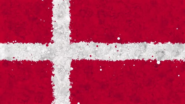 Colorful animation of the flag of Denmark, gradually emerging from a moving swirling cloud consisting of many colorful small particles. The particles rotate to form the national flag of Denmark.